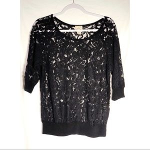 Black lace top 3/4 sleeve sheer floral crochet